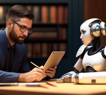 مرد عینکی و ربات هوش مصنوعی نشسته جلوی هم پشت میز