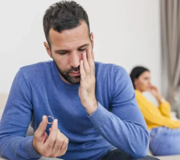 نگاه مرد به حلقه ازدواج و زن نشسته پشت سرش