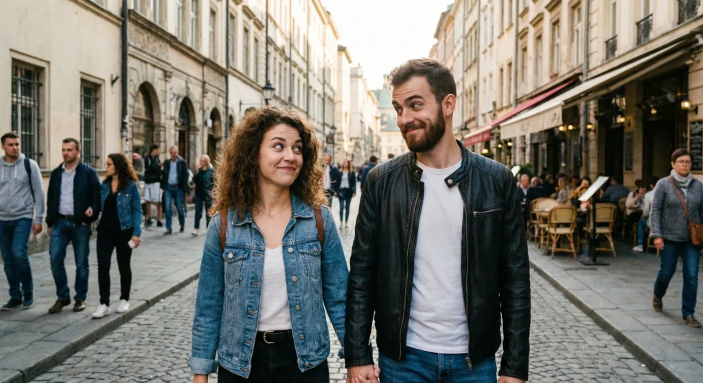Boy and girl look on the street