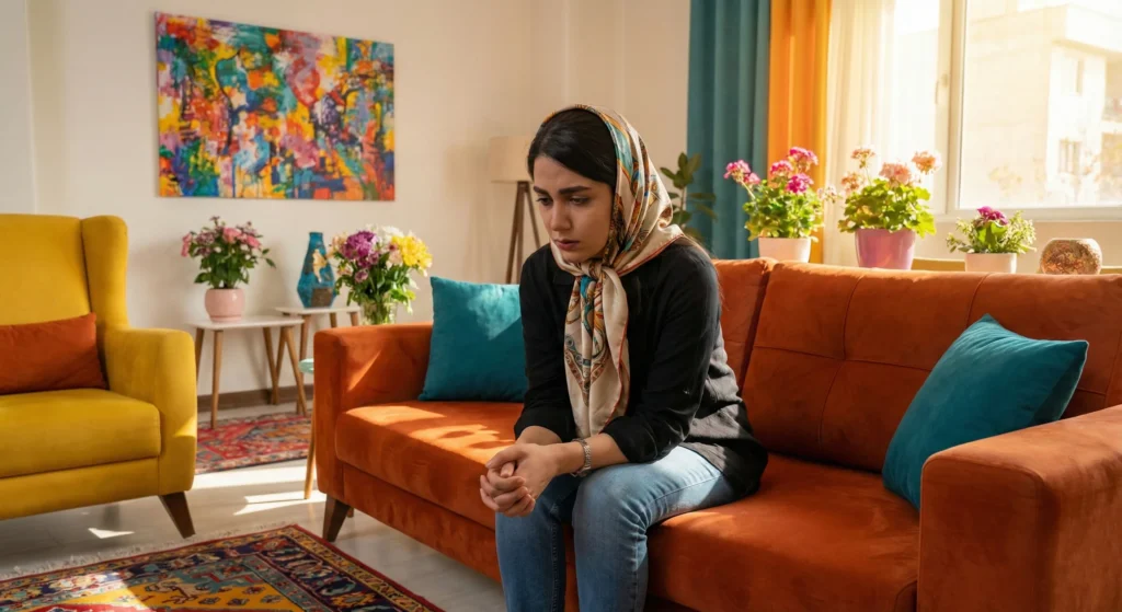 Girl with hijab worried at home