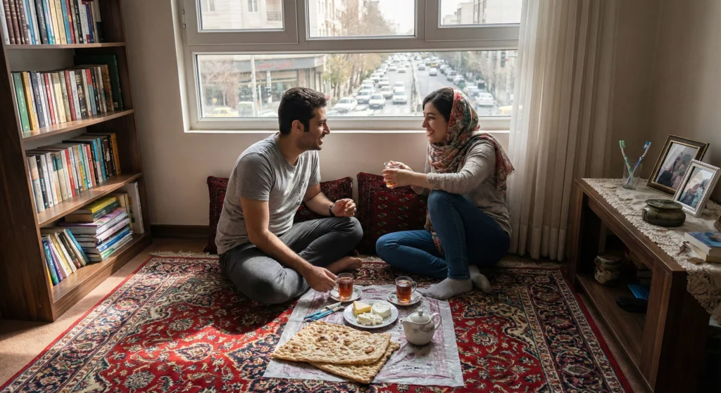 Iranian couple eating breakfast